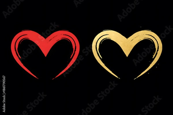 Obraz 黒背景に描かれた筆ブラシ風ハート（赤と金）