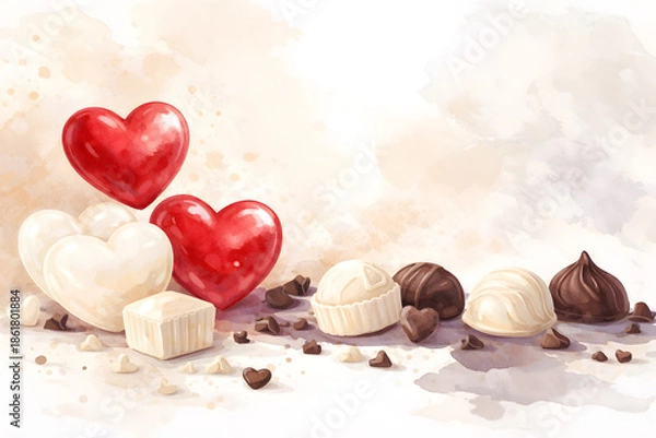 Obraz 赤いハートとホワイト＆ダークチョコレートの水彩イラスト、ロマンチックなスイーツ構成