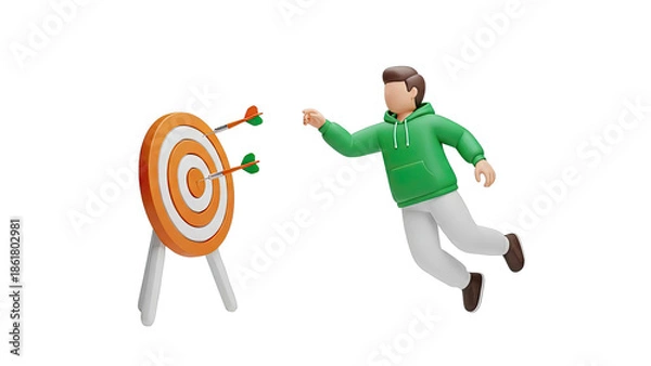Obraz 3D Character Aiming Darts at Target