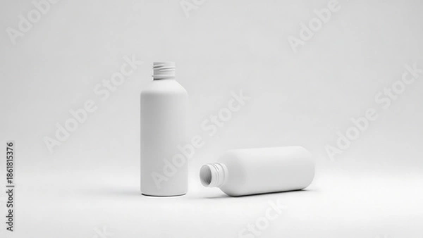 Obraz Two White Plastic Bottles with Caps on a Plain Background containers