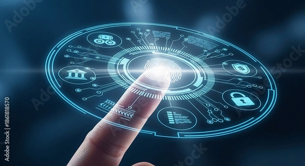 Obraz Finger touching a glowing circular interface with representing security and technology