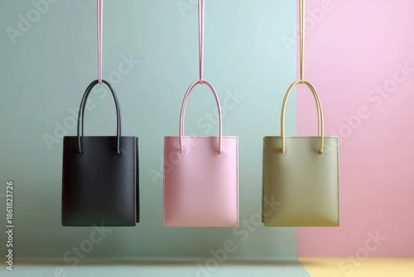 Obraz Three colored leather handbags hanging from strings