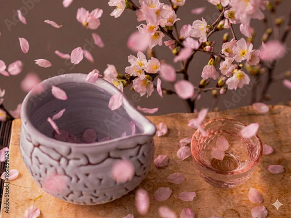 Obraz 春の宴を彩る桜吹雪と日本酒の情緒