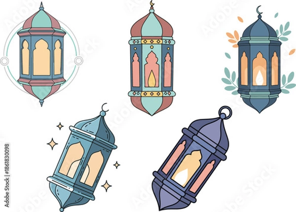Obraz Hand Drawn Flat Vector islamic, arabic, elements Ramadan Lantern Illustration