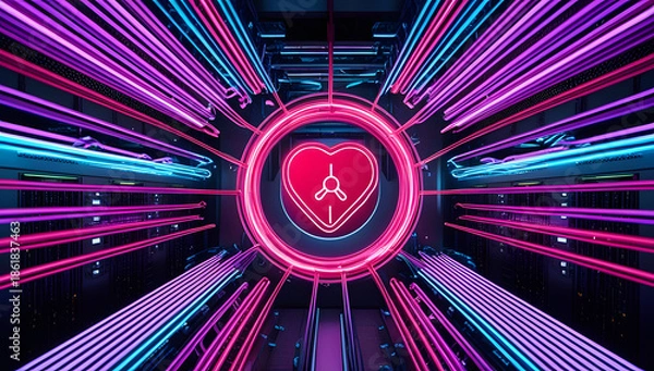 Obraz Futuristic Central Processing Unit: Radiant Pink Core with Radiating Neon Strands in a Server Array