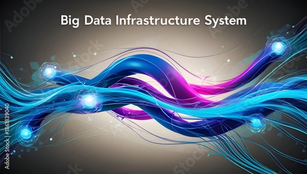 Obraz Intelligent Data Flow: Multicolor Waveforms and Node Network in a High-Tech Server Lab