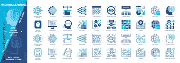 Obraz Machine Learning icon set. Pattern, Statistics, Programming, Data Science, Clustering, Data Mining, Algorithm, Deep Learning. Duotone color solid and editable outline icons