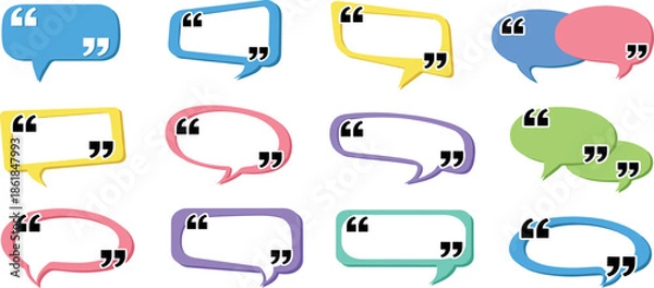 Obraz Multicolored speech bubbles with quotation marks arranged in a grid pattern on a white background