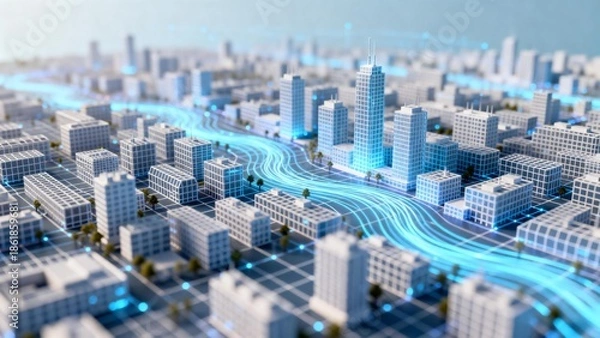 Obraz Miniature city with glowing pathways