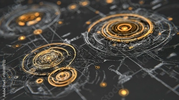 Obraz Abstract Technology Background with Circular Geometric Patterns and Illuminated Elements in Modern Design Style