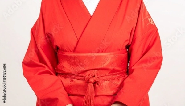 Obraz 成人式のために用意された赤い振袖を身にまとう若い日本人女性。
顔を見せず、後ろ姿と帯を中心に和装の美しさを強調。
落ち着いた無地背景と柔らかなスタジオ照明で質感を表現。