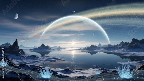 Obraz Cosmic landscape with distant planets and rings