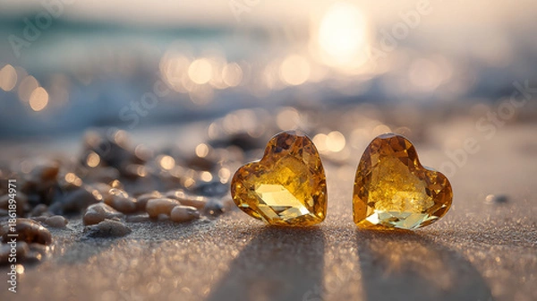 Obraz 夕焼けの砂浜に置かれた2つのハートの石