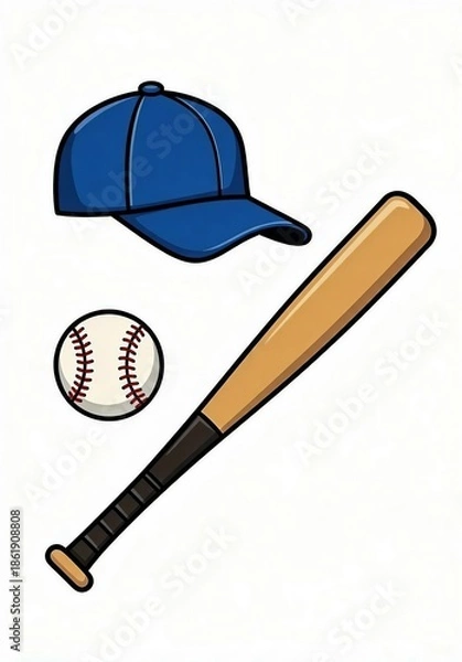 Obraz baseball bat, baseball ball and baseball cap illustration 