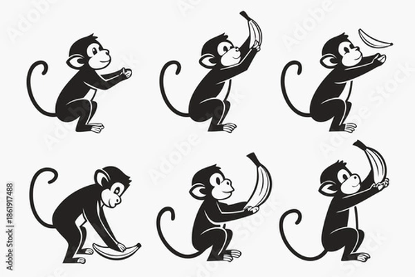 Obraz Monkeys playing with bananas isolated on white background, Vector