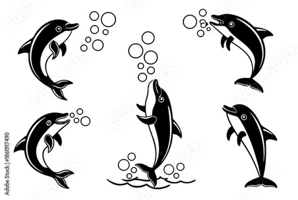 Obraz Five dolphins jumping with bubbles isolated on white background, Vector