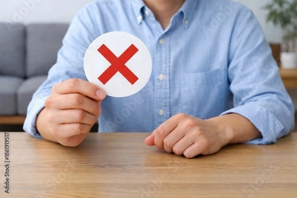 Obraz 机に座る男性がバツ印カードを提示して否定や不正解を示す判断と意思決定のシーンイメージ