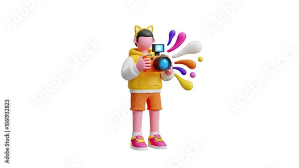 Obraz 3D Character with Camera and Colorful Splashes