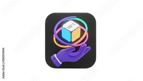 Obraz 3D NFT Cube Held by a Hand with Orbiting Rings