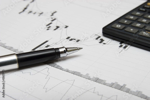 Obraz candlesticks chart, pen and calculator