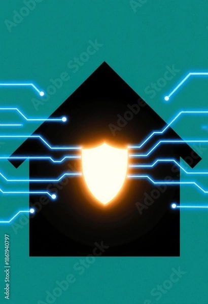 Obraz House silhouette with glowing shield and electric blue circuit lines on teal background