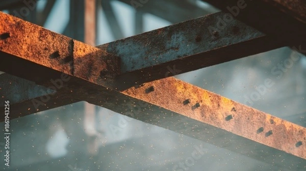 Obraz Close-up of weathered, rusted metal beams intersecting at various angles, with atmospheric lighting and subtle blur
