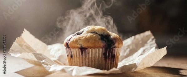 Obraz Freshly baked blueberry muffin steaming on parchment paper in warm kitchen light