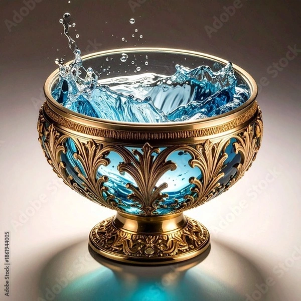 Fototapeta 装飾的なボウルに満たされた青い水面に波紋が広がる、神秘的で静かな雰囲気のアート写真