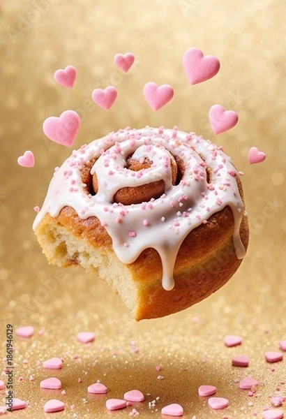 Obraz Floating Cinnamon Roll with White Icing and Pink Heart Sprinkles