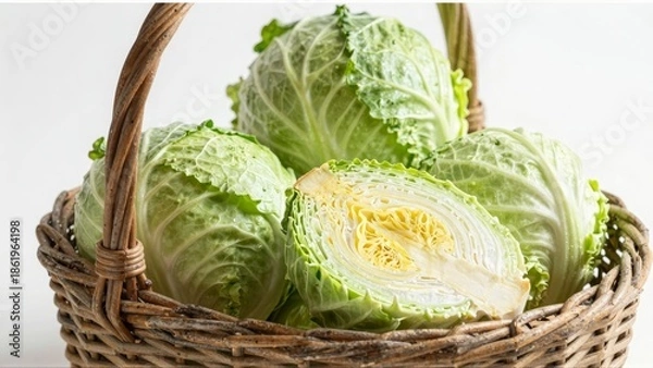 Obraz Fresh cabbages in wicker basket with cut half