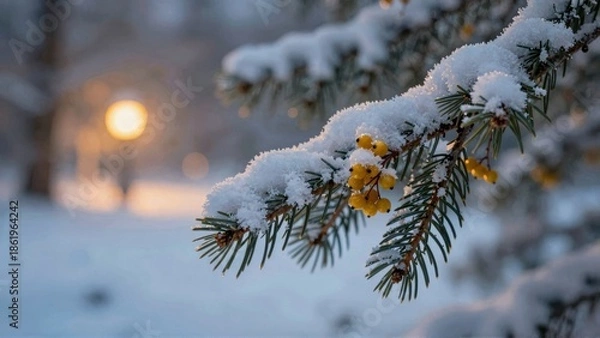 Obraz Snow-covered pine branch with yellow berries at sunset