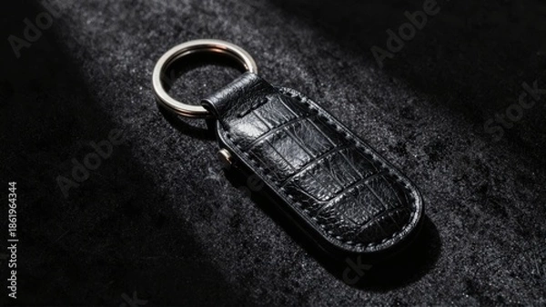 Obraz Black crocodile leather keychain on dark textured surface