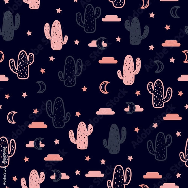 Fototapeta Vector seamless pattern with succulent cactus, stars and moon.