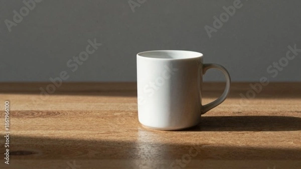 Obraz White mug on wooden table with gray background
