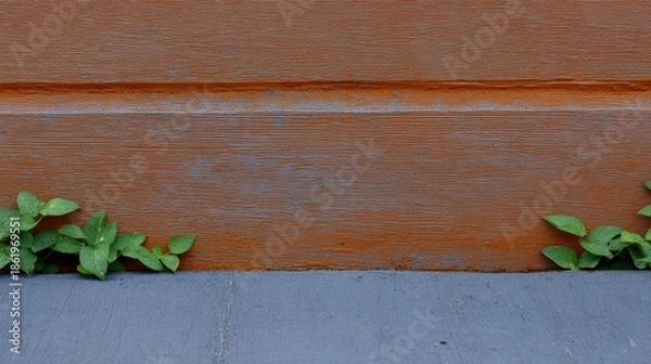 Obraz オレンジの壁の横に生える緑の植物の様子