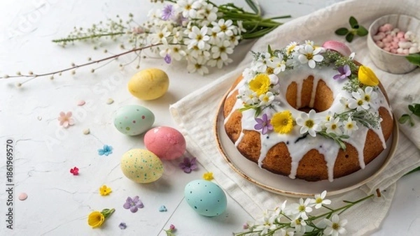 Obraz Decorative Easter Kulich Cake with Spring Flowers and Eggs