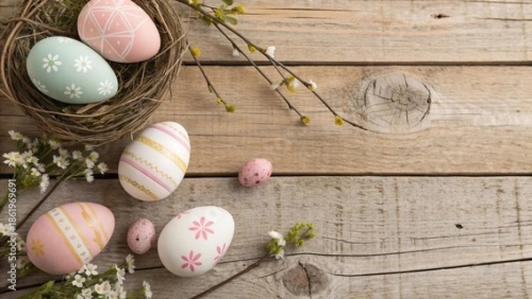 Obraz Easter Eggs on Rustic Wooden Background - 6