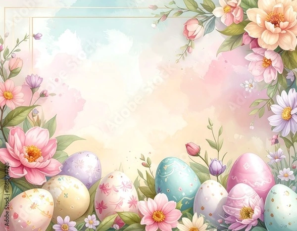 Obraz Easter Eggs and Flowers Spring Background.