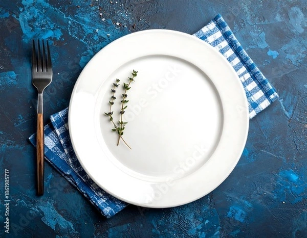 Obraz Empty White Plate with Thyme on Blue.