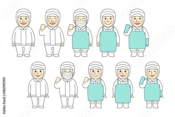 Obraz 中高年男性と中高年女性のポーズ、表情、作業着（無塵服・エプロン・マスク）を組み合わせたイラストセット