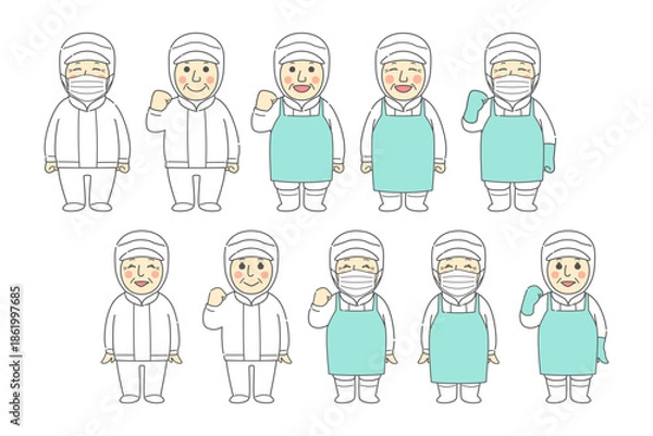 Obraz 笑顔で仕事をする給食のおじさん、おばさんの表情・ポーズ・無塵衣（エプロン・マスク・作業着）の組み合わせのイラストセット