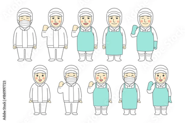 Obraz 製造、食品加工で元気に働く若い男性・若い女性の笑顔やガッツポーズの組み合わせイラスト