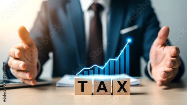 Obraz Businessman with thumbs up and tax graph