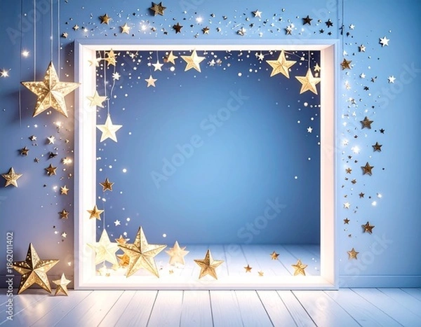 Obraz 青い背景と黄金の星が輝くフレーム素材