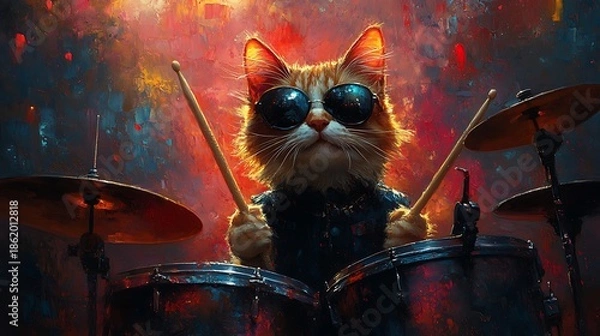 Obraz Cat playing drums illustration
