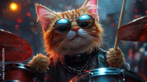 Obraz Cat playing drums illustration