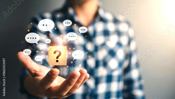 Obraz A man holding a question mark with chat bubbles floating around