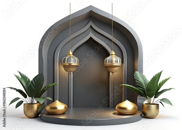 Obraz Islamic arch with lanterns and plants