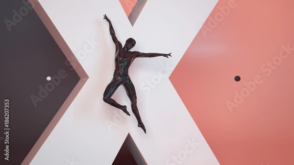 Fototapeta Abstract black plastic human dance body mannequin over big white X letter and black coral pastel background. Action jump and dance ballet pose. 3D rendering illustration