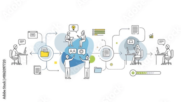 Fototapeta Dynamic Workflow Illustration Collaborative Data Processing, Information Exchange, and Digital Management System